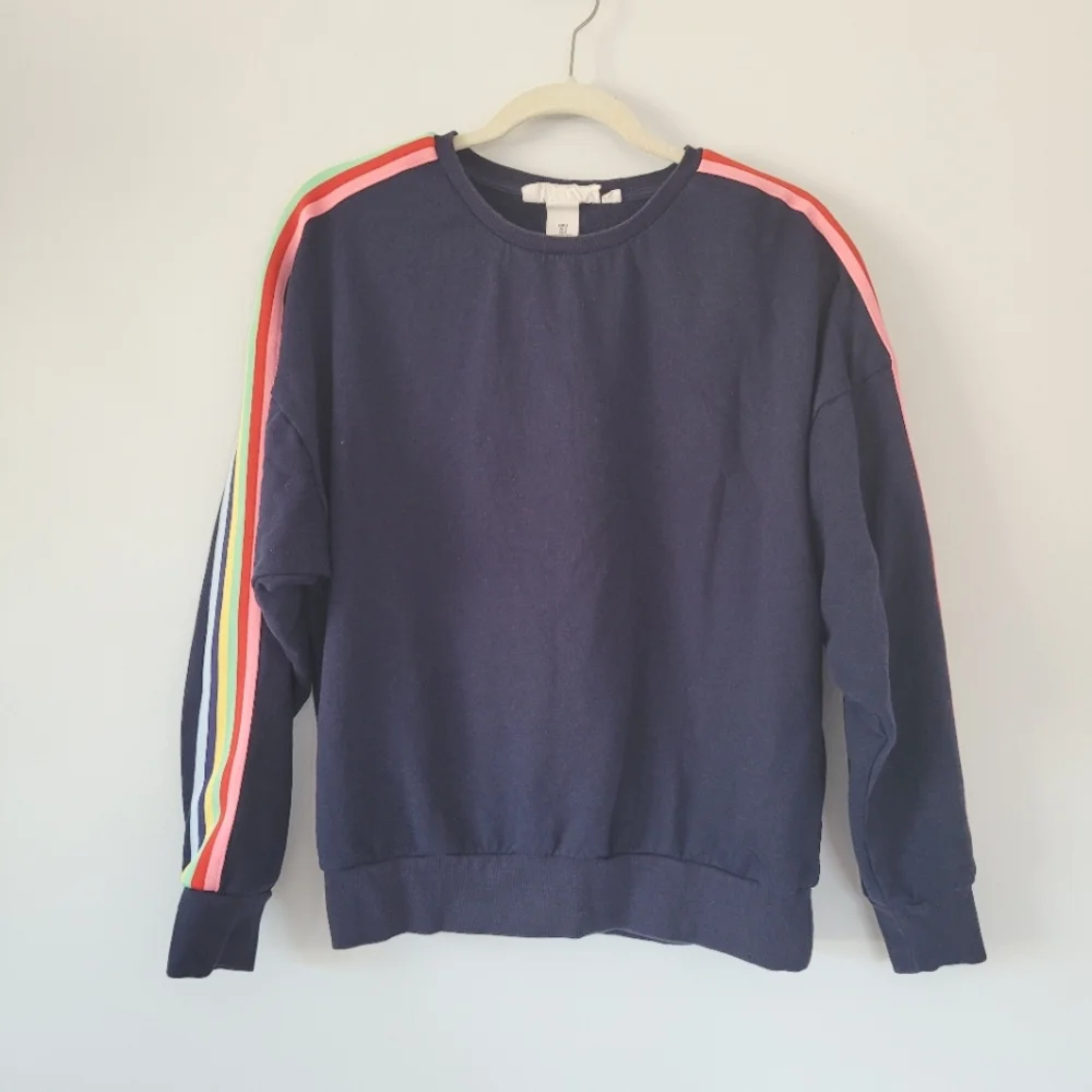 H&M L.O.G.G. Rainbow Striped Long Sleeve Crew Neck Dark Blue Sweatshirt - Picture 2 of 9
